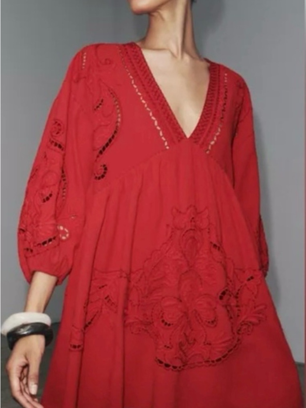 NWT - Zara ZW Collection Linen Blend Red Embroidered V-Neck Dress - Medium